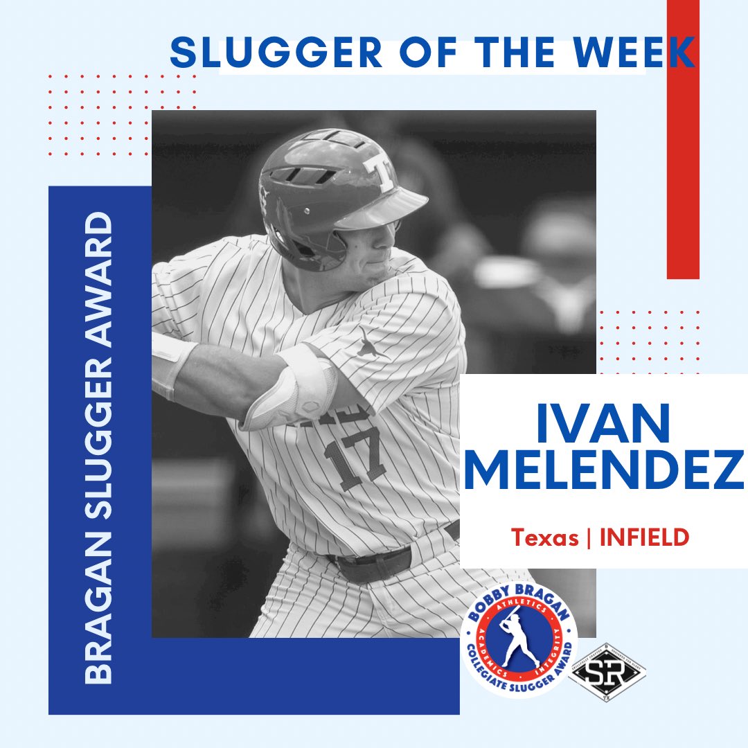 braganslugger's tweet photo. Ivan Melendez of @TexasBaseball is our Slugger of the Week! 🔥💪
.625/.714/1.438
Last week, he went 10-16 and scored 7 runs and drove in 5. He had a hit in every game last week including a 5-5 game with 2 HR on Sat. Melendez is now tied for the lead in HRs in D1. https://t.co/SS3Xfygycs