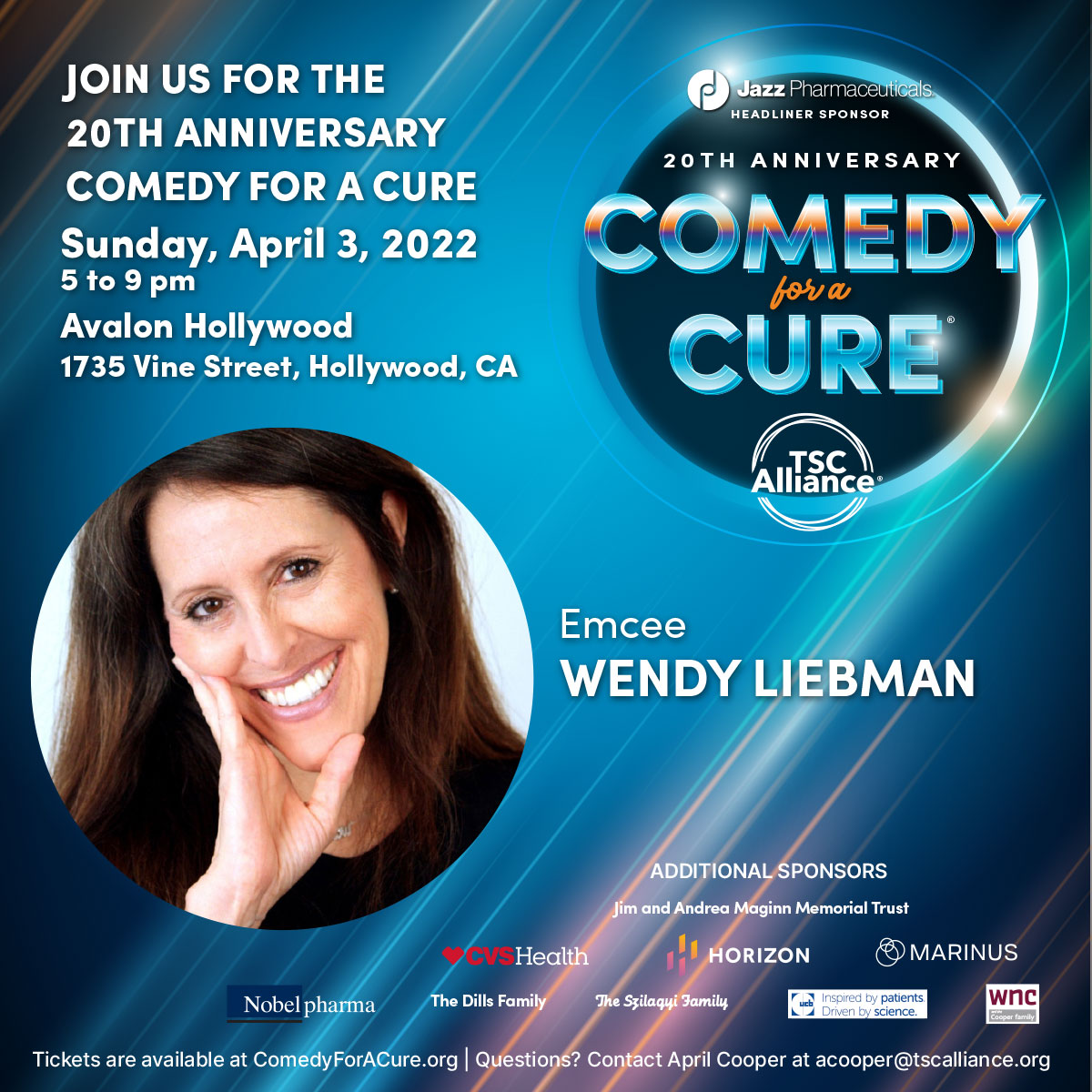 tscalliance's tweet photo. As we get closer to the 20th Anniversary Comedy for a Cure® on Sunday April 3, we want to highlight our hilarious Co-Emcee @WendyLiebman!
Join us in person at the Avalon in Hollywood, CA! You can still get tickets or make a donation at https://t.co/3Y6w5eTd14. #comedyforacure https://t.co/y84ESKLqiR