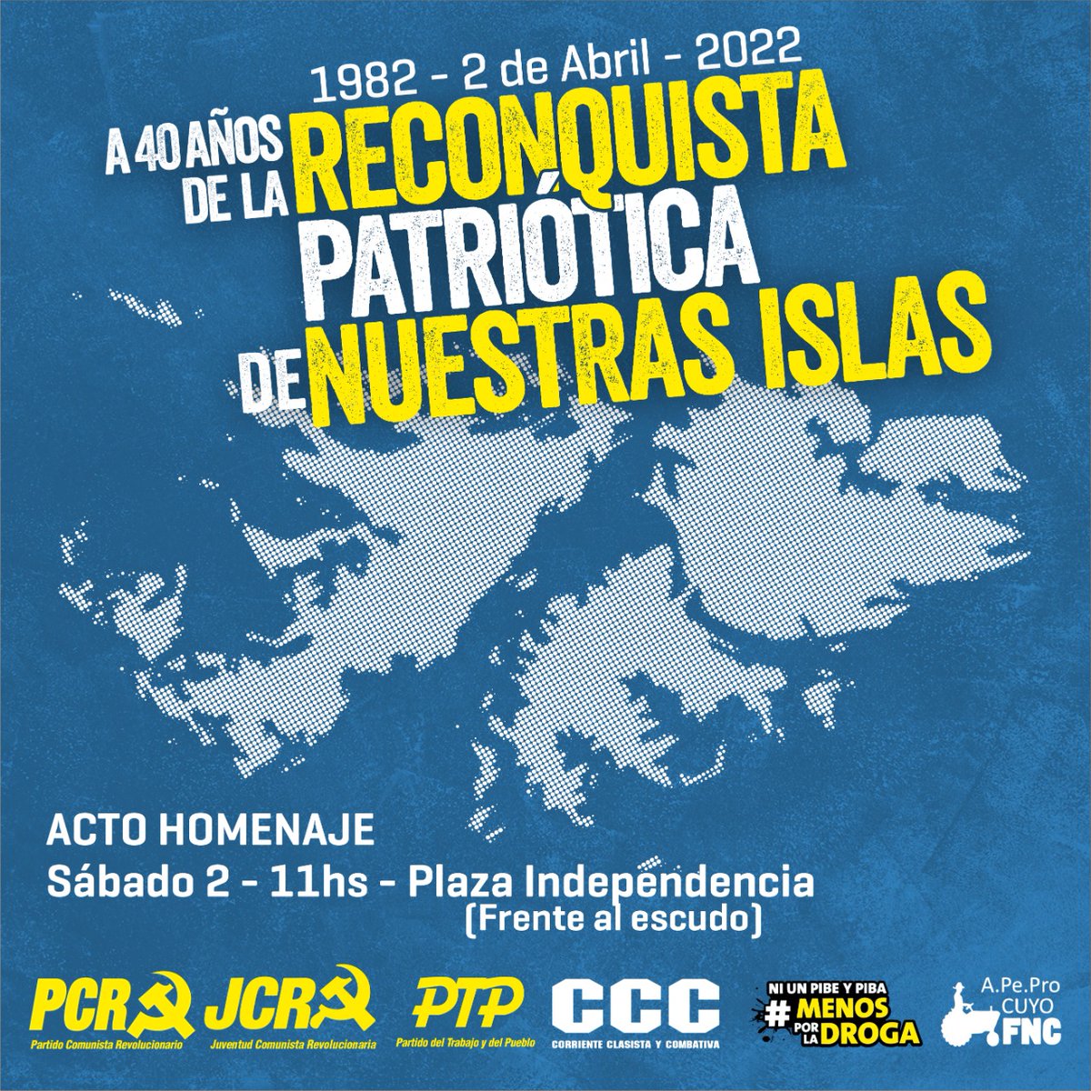 PTPMendoza's tweet photo. 🇦🇷 Este #2DeAbril a 40 años de la recuperación patriótica de nuestras islas marchamos en todo el pais, rendimos homenajes a nuestras y nuestros héroes y seguimos reivindicando que las MALVINAS SON ARGENTINAS!

Acto homenaje
Sábado 2 | 11hs | Plaza Independencia (frente al escudo) https://t.co/hmz0kspjnX