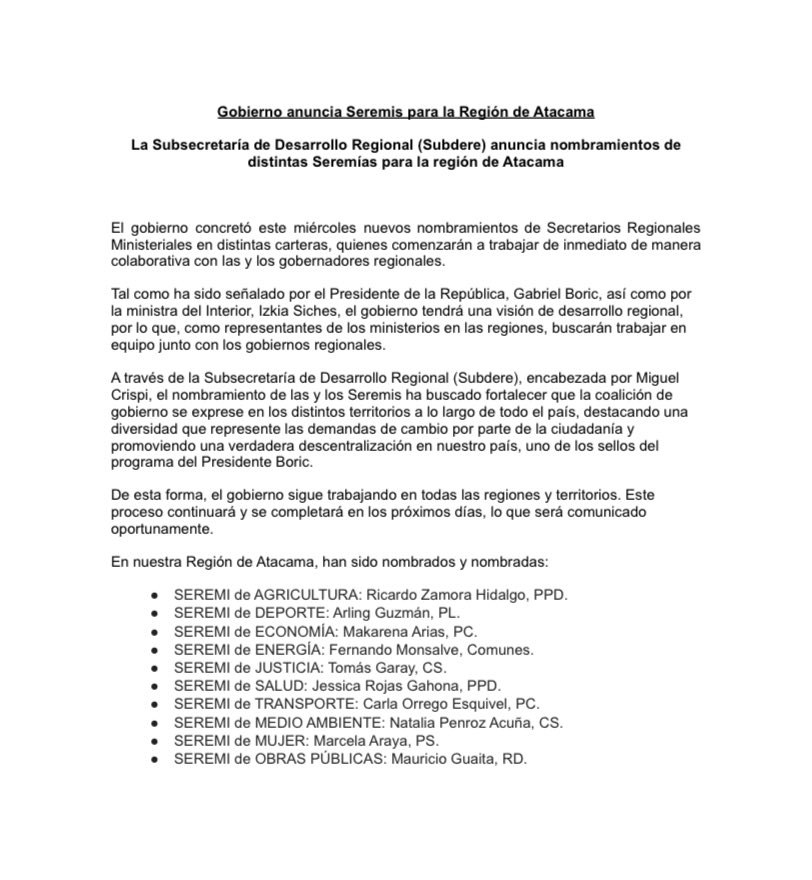 DPRAtacama's tweet photo. 🔴 Comunicado oficial: Gobierno del Presidente @gabrielboric anuncia Seremis para la Región de #Atacama. https://t.co/Am4A67HnTX