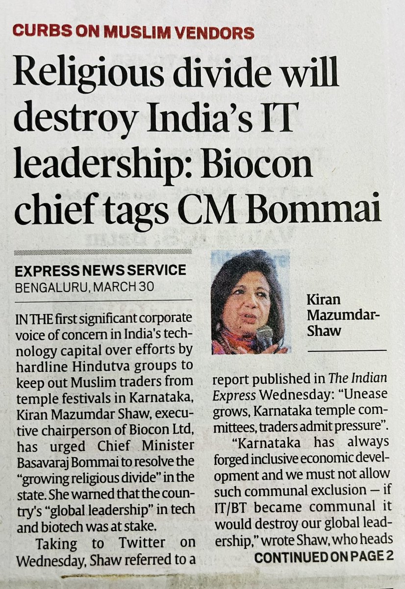 “Religious divide will destroy India’s IT leadership”, says Kiran Mazumdar, Executive Chairperson of Biocon Ltd.
#IndianExpress @IndianExpress 
#KiranMazumdarShaw