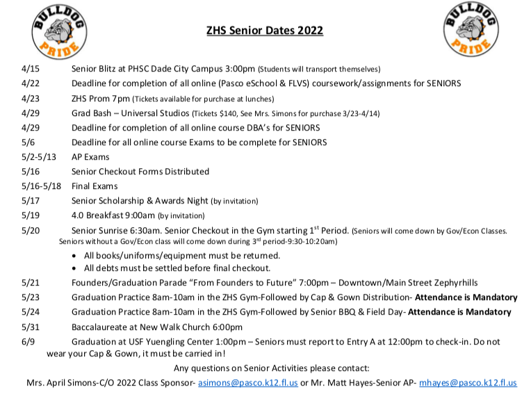 Important Dates for Seniors! @ZHS_DrStanley <a href="/ZHSBulldogs/">@ZHSBulldogs</a>