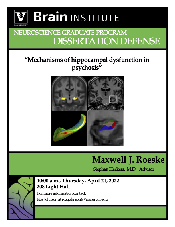 VanderbiltMSTP's tweet photo. Join us Thursday, April 21 at 10:00am in person or Zoom for @MaxwellJRoeske's Dissertation Defense! He will present "Mechanisms of hippocampal disfunction in psychosis" completed in Dr. Stephan Heckers's lab through the Neuroscience Graduate Program! https://t.co/9d8TOjmsLa