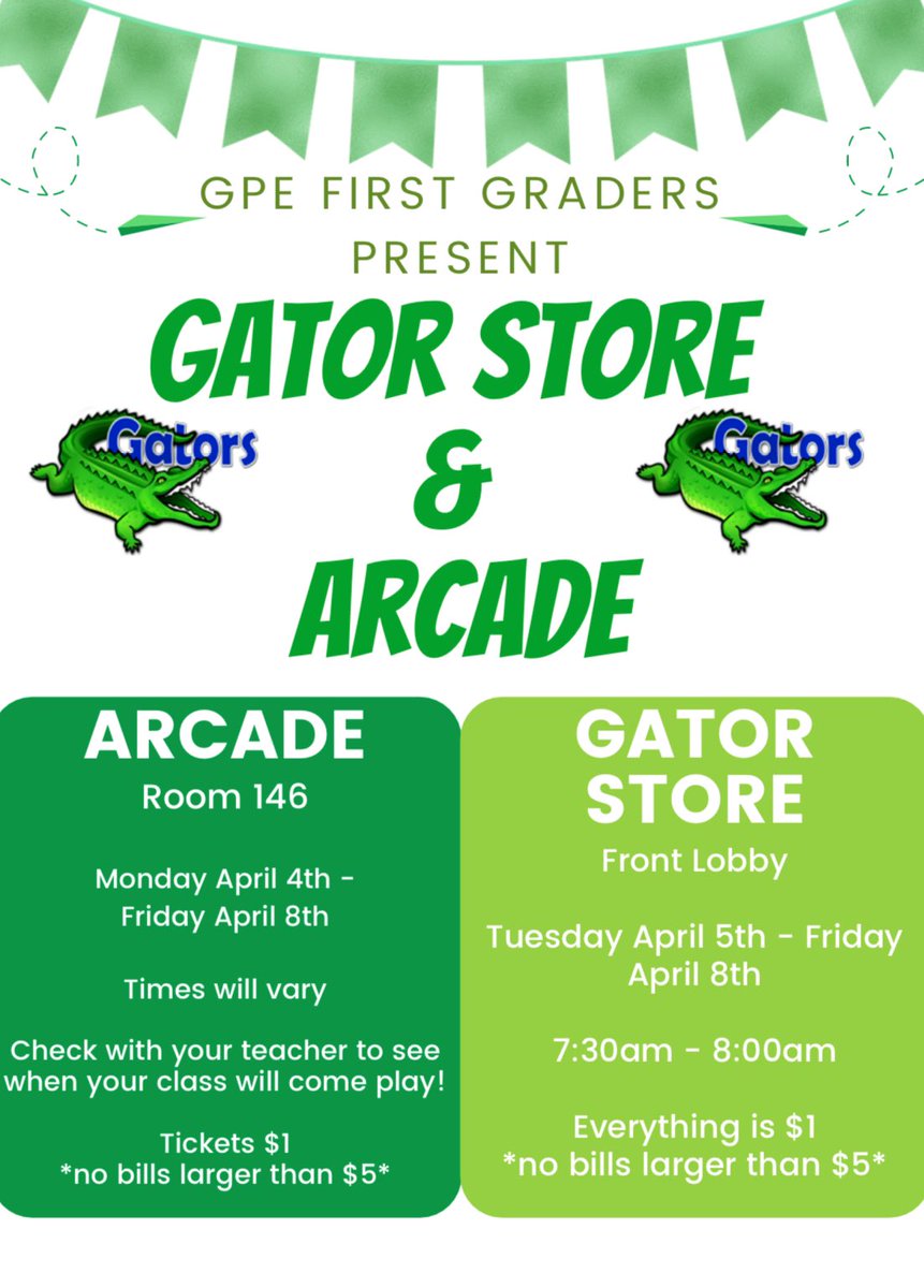 Ms_1stgrade's tweet photo. Our First Grade Gators have been hard at work producing some AWESOME goods and services to sell at our Gator Store 🐊 and Arcade next week! We have LOVED our economics PBL experience &amp; can’t wait to share with you soon! @GoshenPostES #GoGPEGators #economicspbl #gatorproducers https://t.co/zZ3OR2gNqW