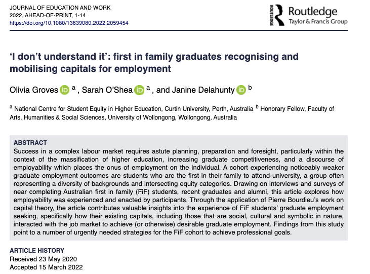 seos895's tweet photo. Our latest publication applying capital theory to FiF students’ graduate employment seeking, incl how existing capitals interacted with the job market - took a while to get over the line but we got there in the end! 
Free e-prints: https://t.co/seXboTLqLc
https://t.co/1C1BhZP28L https://t.co/68c73L9o0Y