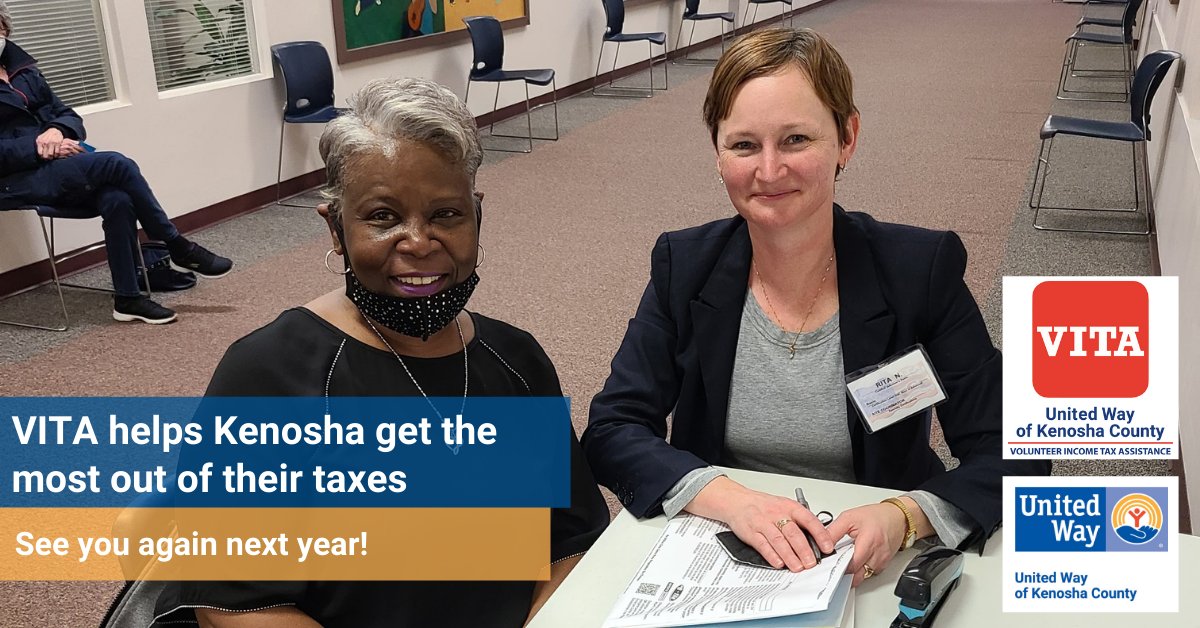 Kenosha, we're proud to serve you and help you get the most out of your tax refund. We are no longer scheduling new appointments for 2021 VITA tax filing, but you can stay tuned right here for impact updates on this year's tax season.

Learn more: kenoshaunitedway.org/VITA