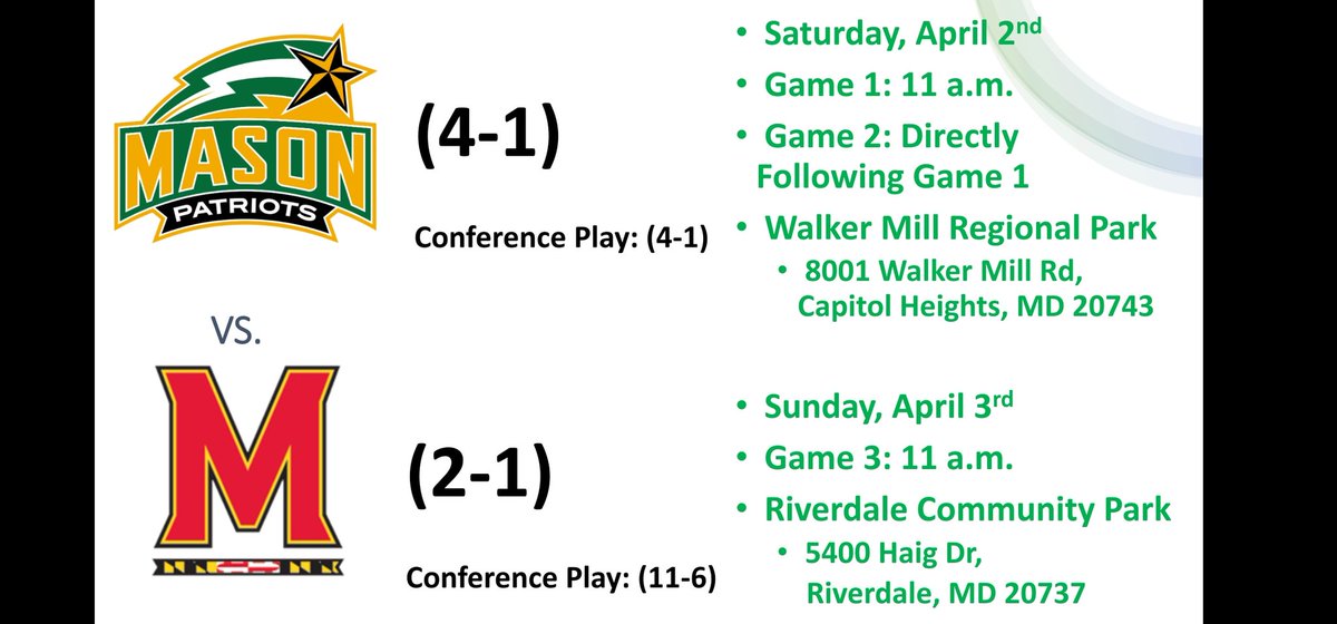 GMUClubBaseball's tweet photo. Guess who's back?! Your Patriots open the Spring on the road against the Terps of University of Maryland! Game times and locations can be found below. 

#roadtoPA https://t.co/XV3z7EEqHk