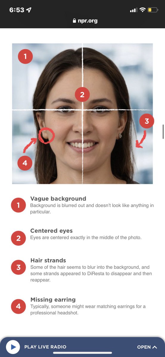 axstorm24's tweet photo. While AI generated face are hard to identify, some potential red flags include vague backgrounds, precisely centered eyes, blurred hair strands, and missing earrings. #ai #computervision #ArtificialIntelligence #identity https://t.co/Zx6AswkDFQ