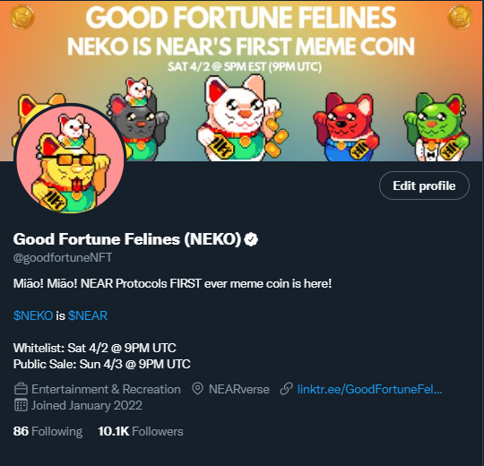 nekotoken_xyz's tweet photo. 🚨 10,000 FOLLOWERS  🚨

The Good Fortune Felines are on a mission to bring mass adoption to @NEARProtocol with $NEKO; the first meme coin on $NEAR.  

We are doing just that! 🔥 

Join our Community today for a $NEKO airdrop! 
https://t.co/iN8LlbAsfM https://t.co/kJy0mb0q3l