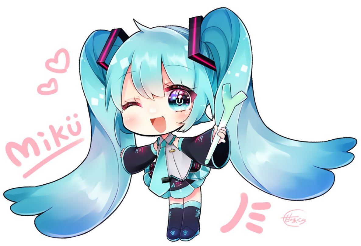 hatsune miku 1girl solo holding food one eye closed twintails skirt long hair  illustration images