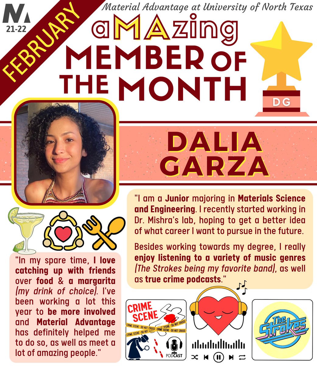 UNT_MA's tweet photo. 🌟 Congratulations to our February Member of the Month, Dalia Garza! 🌟 Thank you for your involvement in MA events and always keeping a cool vibe. We’re so glad that you’re a part of our aMAzing family 🦅🎧🎙 https://t.co/MFQOpWuQrh