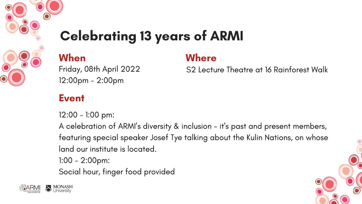 ARMI_Labs's tweet photo. It is ARMI’s 13th Anniversary on April 8. This year, we are celebrating our birthday with a special #Diversity and #Inclusion seminar and a social hour for ARMI staff and students.
#NextGenRegen #ResearchInAustralia
More info: https://t.co/amOueir3ew