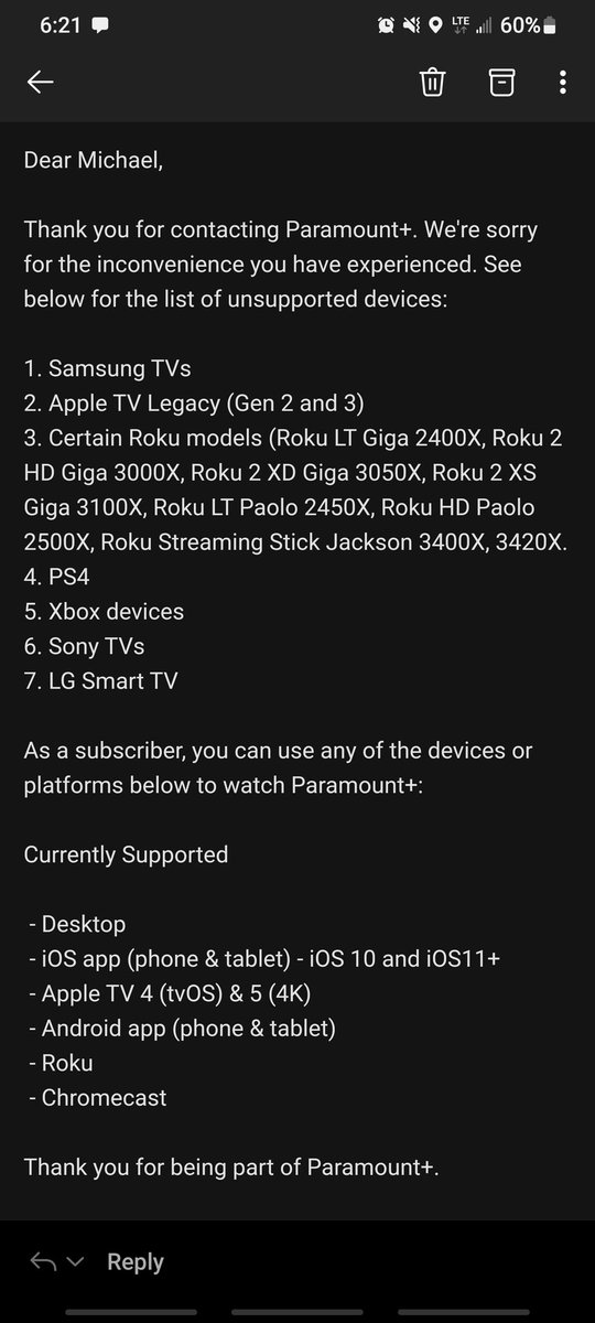 MikeLasenby's tweet photo. @aarongmoore @askparamount This was the answer I received when asking, "when will Paramount+ be available to stream in Canada on Xbox or an LG TV." https://t.co/gSDkuzISVe