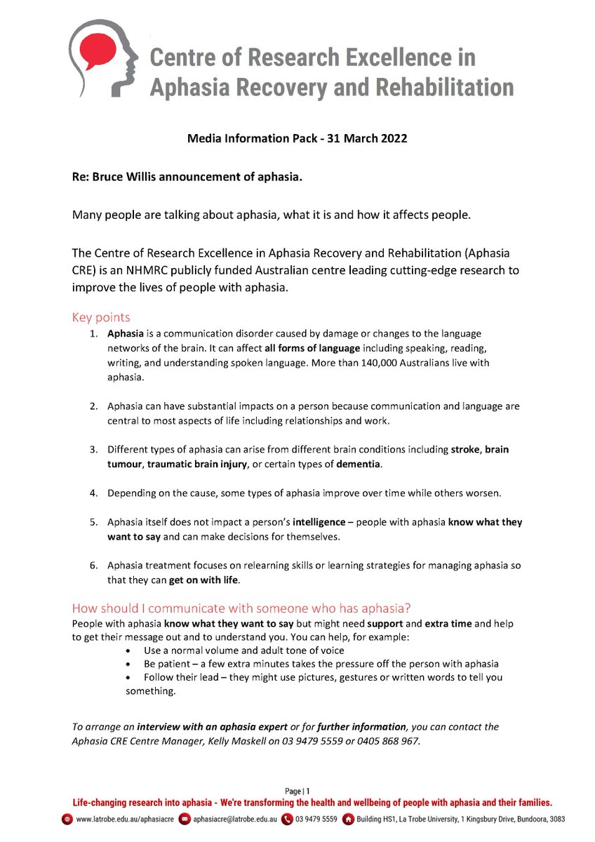 It's sad to hear that Bruce Willis has been diagnosed with #aphasia . Here is some information from the <a href="/aphasiacre/">aphasiacre</a> that may support answering questions that have arisen from this news