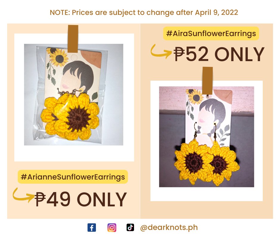 DearKnots's tweet photo. Hello, dear! #DearKnotsPH still offer these #crocheted #sunflowerearrings. Take note: Prices shown are effective until April 9, 2022 only. 

For orders &amp; inquiries, feel free to send us a message.

#crochet #crochetph #crochetphilippines #crocheter #crochetbusiness https://t.co/p0SuknA55n