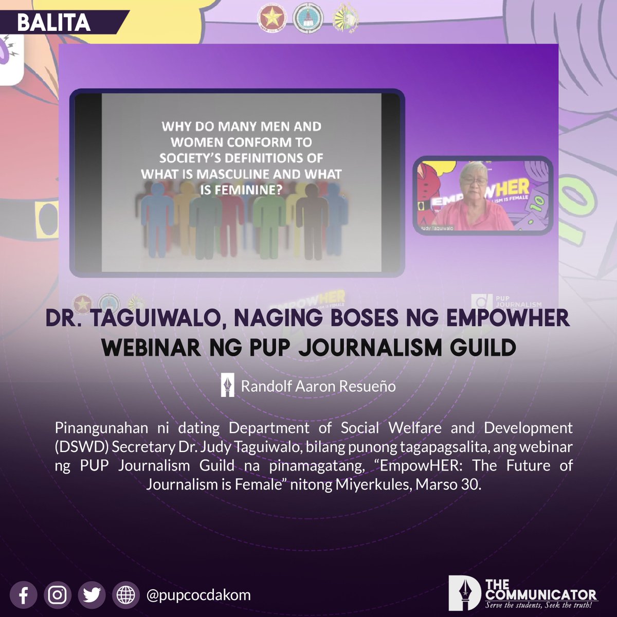 pupcocdakom's tweet photo. BALITA | Dr. Taguiwalo, naging boses ng EmpowHER webinar ng PUP Journalism Guild

Artkulo: @randolf_dakom
Graphics: @janelle_dakom 
Larawan: Screenshot from PUP Journalism Guild

Read the full article on our Facebook page: https://t.co/8LFMS5FA83 https://t.co/2ggDECJGNx