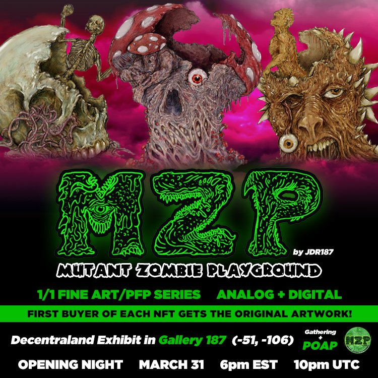 Join us for the release of <a href="/187JDR/">JDR187.eth</a> first solo "pfp" collection Thursday March 31st at Gallery 187 (-51,-106) 6pm EST-10pm UTC in DCL. Event will be streamed by twitch.tv/richhomienft. ❤️‍🔥❤️‍🔥❤️‍🔥
#decentraland #metaverse #NFTCommunity #NFT #horror