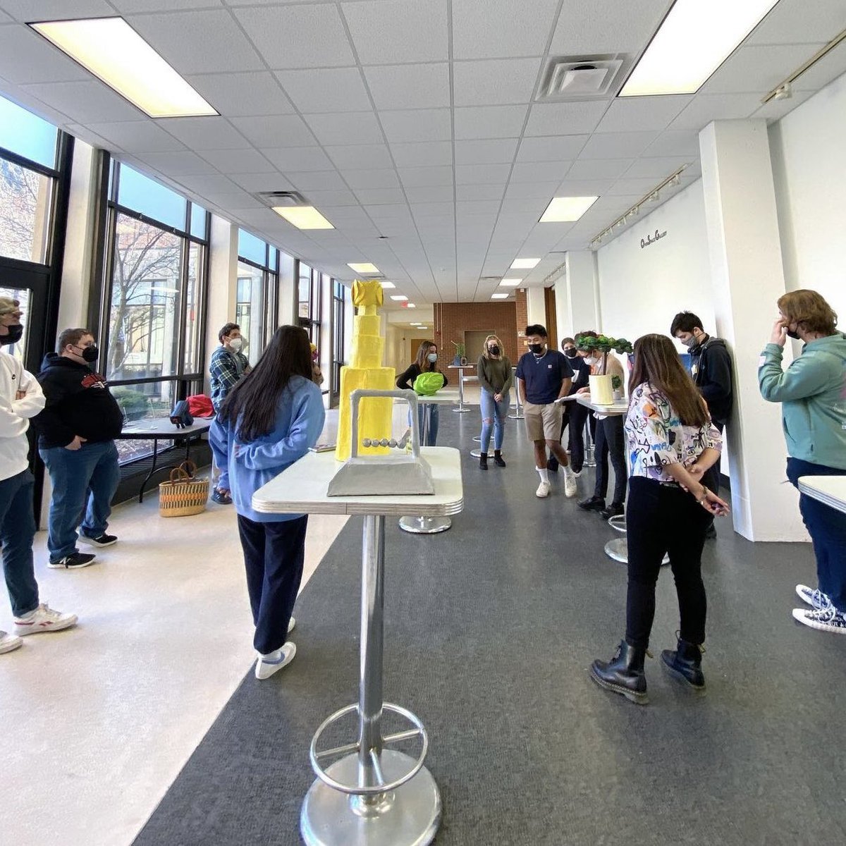 OneontaSLAB's tweet photo. Behind the scenes of 3D STUDIO DESIGN’s critique day 🎨
 
Students had to create an object using paper mâché soley based on a description, unaware of what object they had. Neat Job!  
 
What are some other classes you would want to see? ✨ 
#sunyoneonta #OneontaSLAB #liberalarts https://t.co/OiRlFufuXP