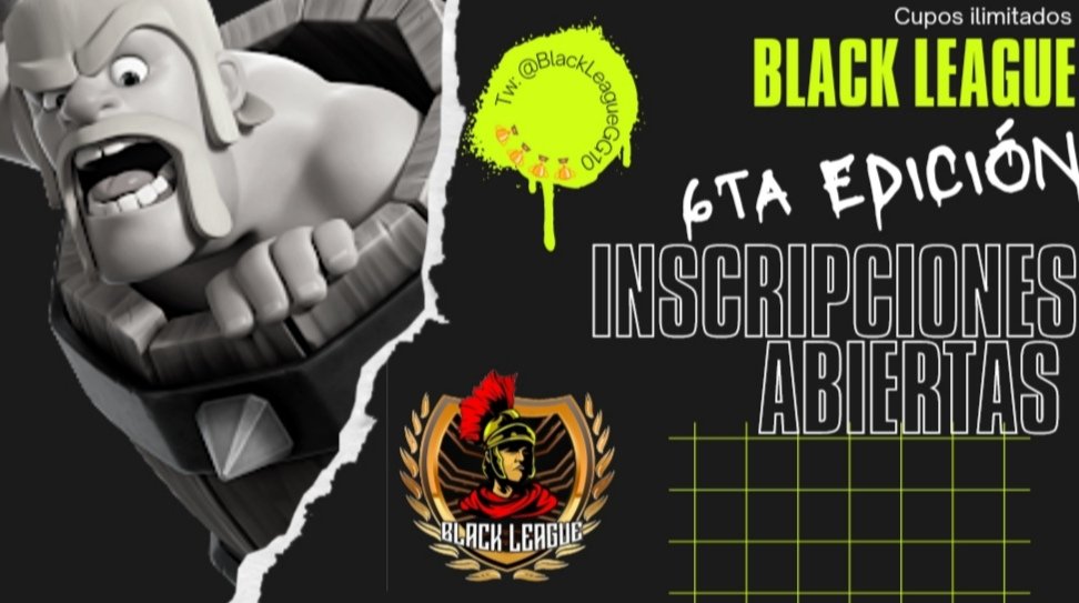 #CR | #ClashRoyale

¡Inscripciones Abiertas!
🏆Abrimos inscripciones de la 6ta edición de Black League 🏆

Cupos ilimitados👤
Eliminación Directa 

🛑Requisitos:
Seguirnos
Seguir a:
-<a href="/Dark_VegettoCR/">✨Osito💞™✨🐻🧸</a> 
-<a href="/MNicole281/">WL Nicole</a>
-Dar rt🔁 y fav❤️
-Etiquetar a 4 equipos
- Pedir 3🔁 ☑️
👇