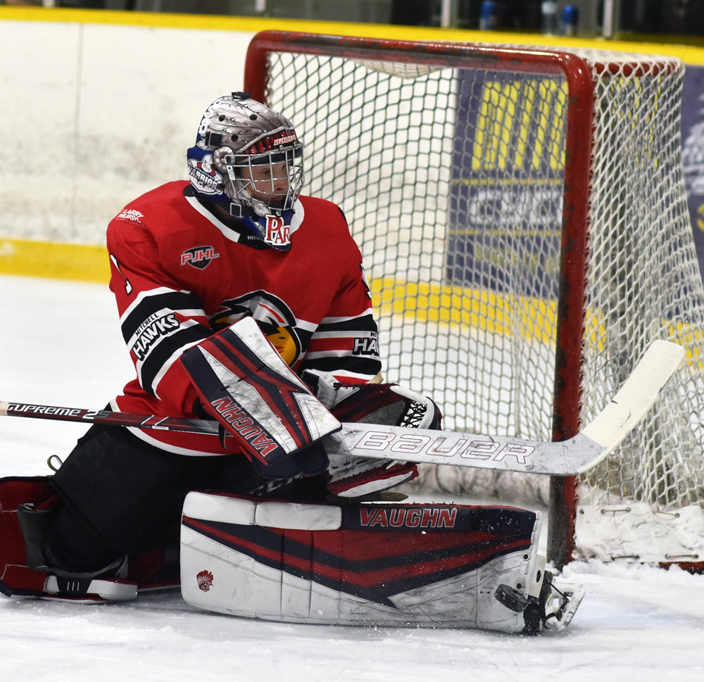 MitchAdvocate's tweet photo. Tyler Parr of the Mitchell Hawks gave himself a birthday present with a shutout in a 1-0 win over Mount Forest in G4 to sweep their PJHL Pollock division semi-final tonight. Mark Cassidy scored the only goal necessary https://t.co/ybZfFyzel5