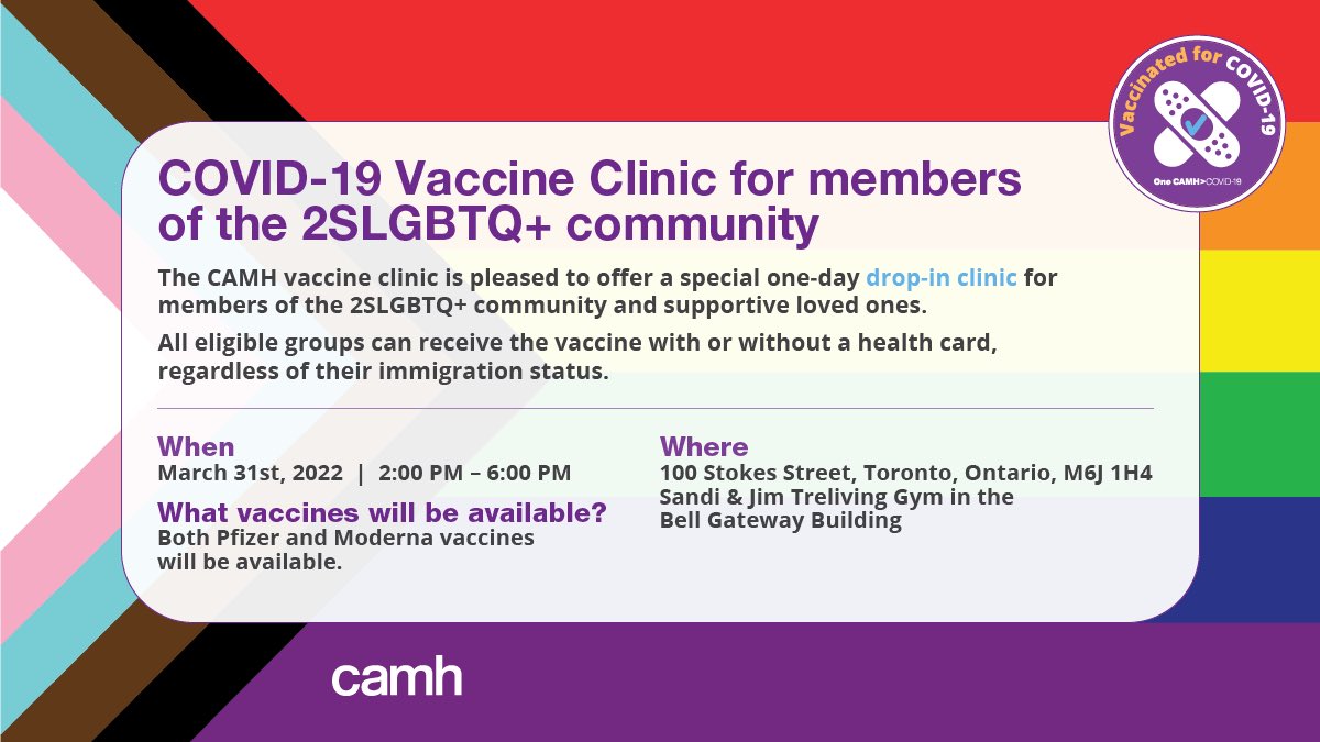 YWPVaccine's tweet photo. CAMH is hosting its 2SLGBTQ Vaccine Clinic,

When? March 31st 

What time? from 2:00pm to 6:00pm 

Where? 100 Stokes Street, Queen West &amp; Ossington Avenue.

#LetsGetTOVaccinated #ywpletsgetvaccinated #covid19 #getyourshot #toronto #ontario #canada #omicron #booster https://t.co/K8lesH5YWV