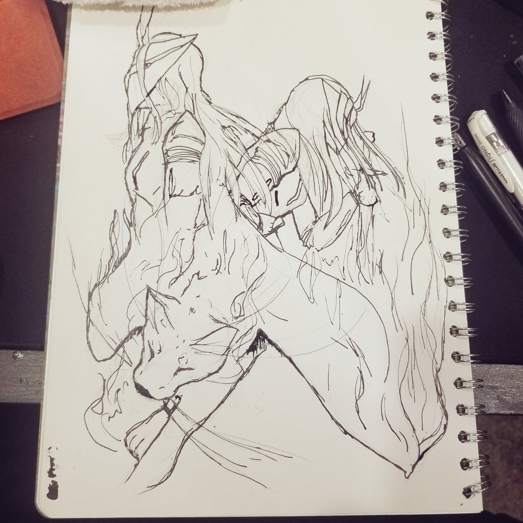 CryptidVyn's tweet photo. I asked my tarot cards to give me some ideas to draw, and this is what came out of it. 
#freya #pheonix #cat #tarot #ink #sketch #sketchbook #original #sword #flame #TarotReading #art #artwork #norse https://t.co/51kqPCUrIi