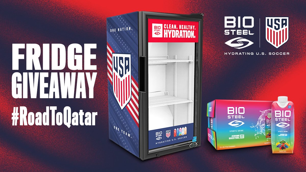 U.S. SOCCER GIVEAWAY 🇺🇸⚽​

​The <a href="/USMNT/">U.S. Soccer Men's National Team</a> is heading to Qatar and we're celebrating by giving away a custom BioSteel x <a href="/USMNT/">U.S. Soccer Men's National Team</a> fridge. ​

Enter by:​

Like this tweet ​
Reply tagging 3 friends 
Must be following: @biosteelsports​

BONUS ENTRY. Retweet this tweet.