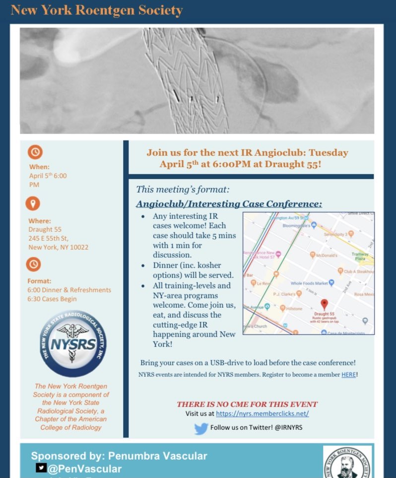 IrNyrs's tweet image. We are back at it. NY Angioclub next week Tuesday April 5 at 6PM at Draught 55 for dinner, refreshments and some 🔥cases. Trainees please come ready to share your cases with the group (details below). Thank you @PenVascular for sponsoring the event. See you next week!