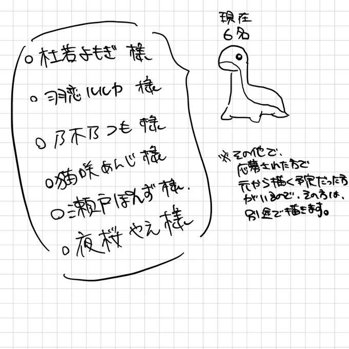 【現状報告】
画像の方は確定にさせていただきます!
名前間違ってないかビクビク……. https://t.co/NJ1KFwdqnx 