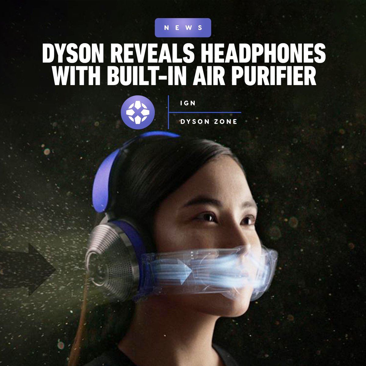 IGN's tweet photo. Vacuum and bladeless fan manufacturer Dyson announced the Dyson Zone,  a pair of noise-canceling headphones that feature a built-in air purifier to help protect its users from air pollution. https://t.co/xff9OkXz1Q https://t.co/HjGcIlmc0V