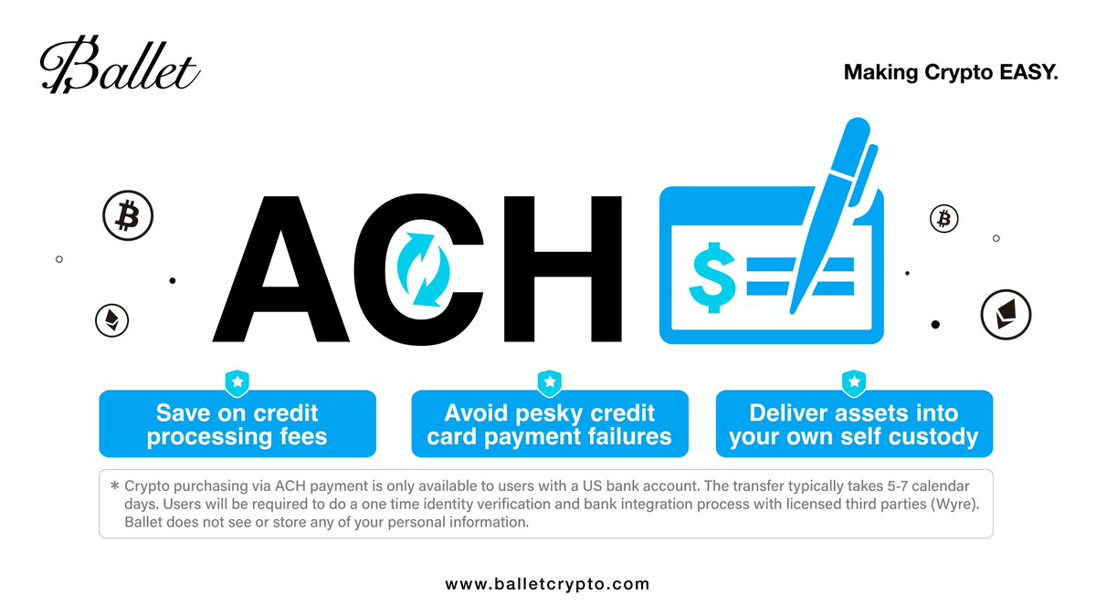 BalletCrypto's tweet photo. Looking for a cost effective way to convert your cash 💸 into a 100% permissionless and decentralized asset?

Use the convenience of Ballet Crypto app's📲 built-in ACH payment function to onboard crypto directly into your own custody.

#crypto #payments #bitcoin #ach #cashistrash https://t.co/K2tCFaLDQF