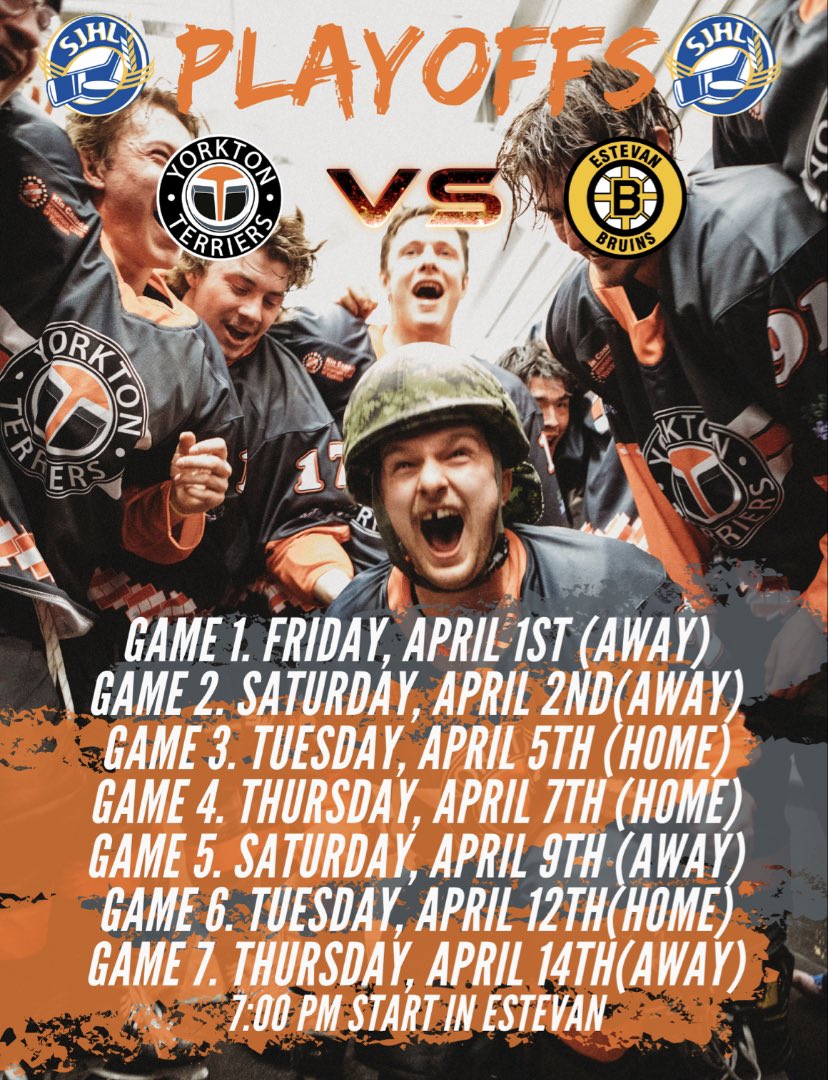 It all starts Friday night in Estevan! 

Games 1 &amp; 2 go Friday April 1st &amp; Saturday April 2nd before returning home for games 3 &amp; 4 next Tuesday and Thursday! 

Join us on the fan bus for Game 2, and ticket info for Games 3 &amp; 4 will be available soon! 

#SJHLPlayoffs #Round2