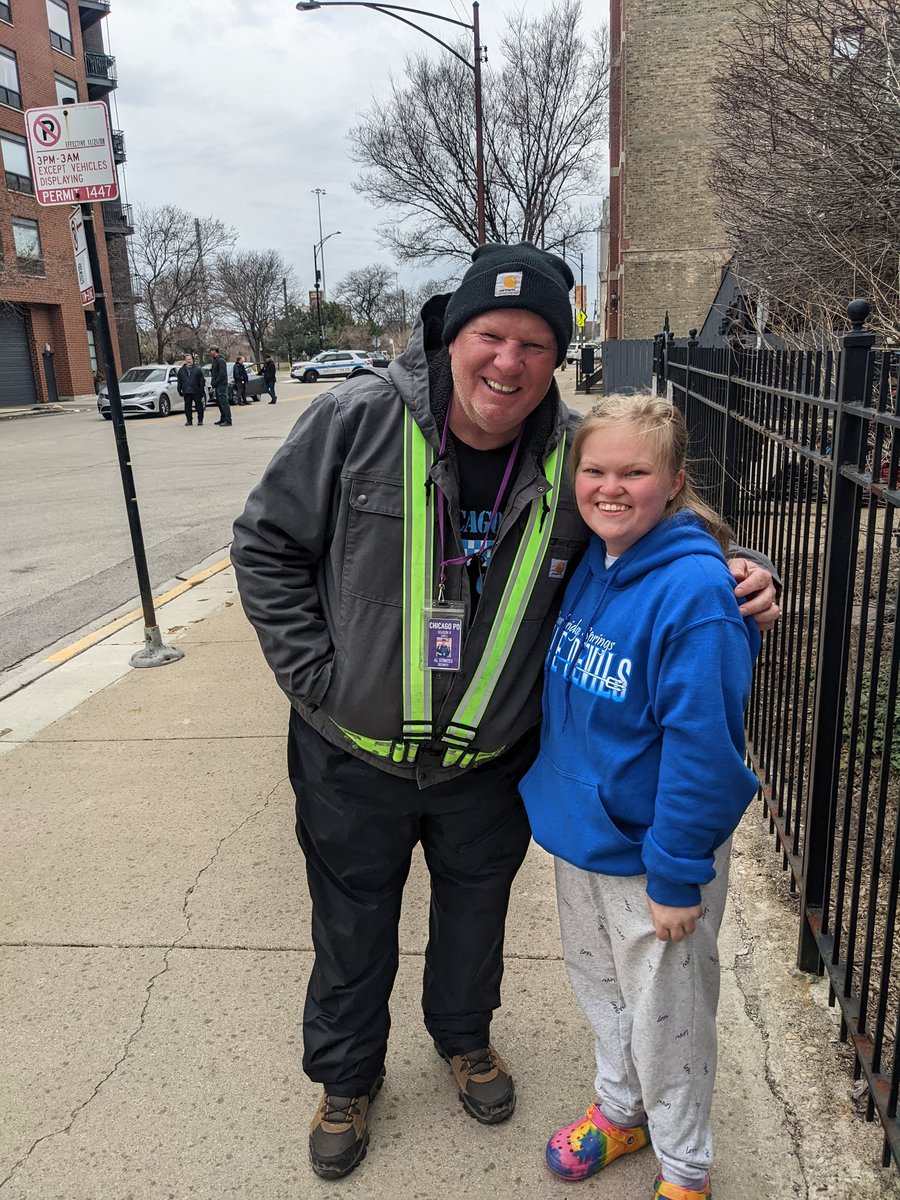 roddpt's tweet photo. @filming_chicago this happened today for my daughter Abby before the rain. 1st pic is Al the head of security who got us up closer and in place for the 2md pic. Burgess in background walking away. A wonderful group of people. So kind and welcoming. Made her life (she said that) https://t.co/gi8QQrhMn5