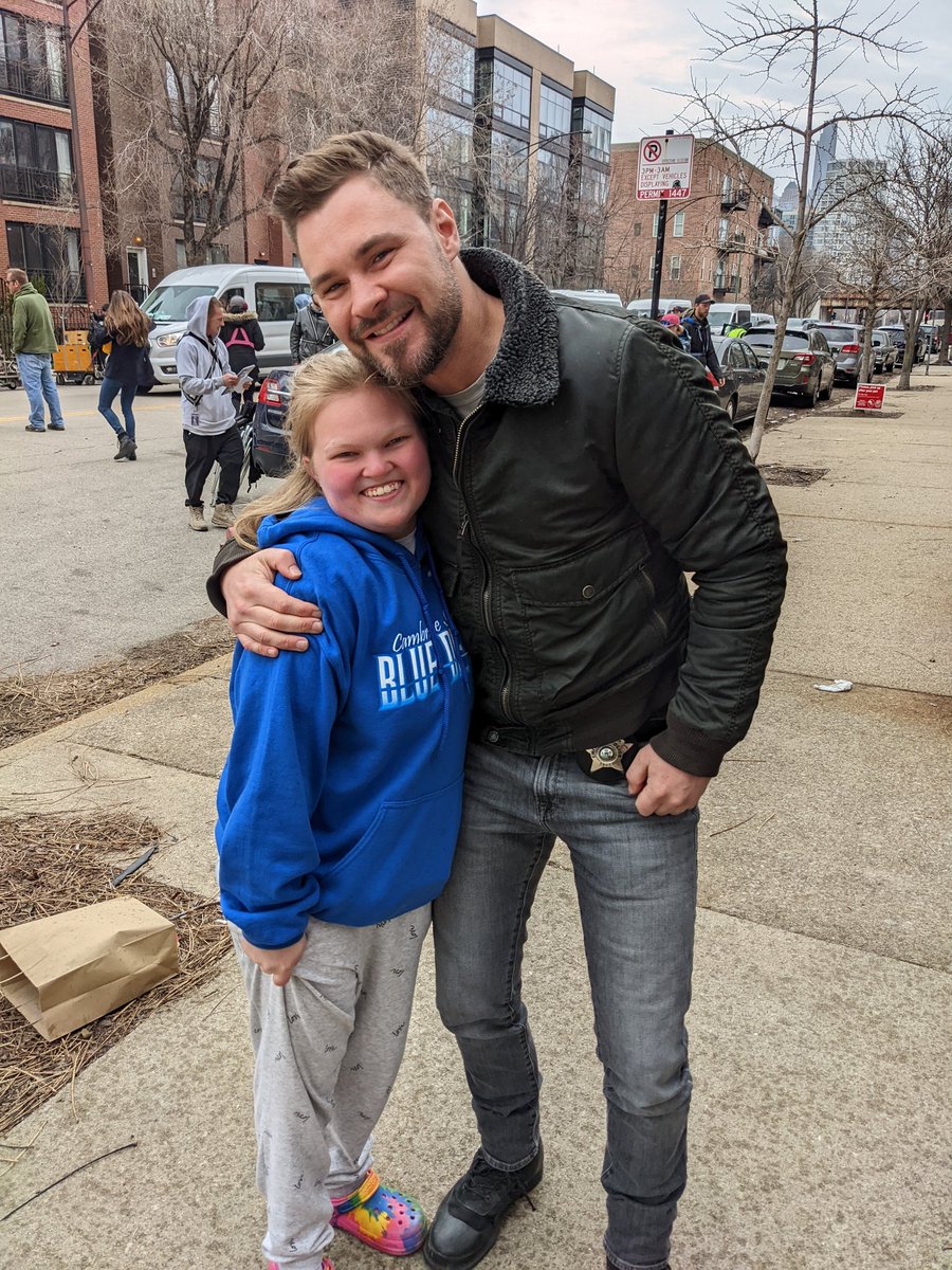 roddpt's tweet photo. @filming_chicago this happened today for my daughter Abby before the rain. 1st pic is Al the head of security who got us up closer and in place for the 2md pic. Burgess in background walking away. A wonderful group of people. So kind and welcoming. Made her life (she said that) https://t.co/gi8QQrhMn5