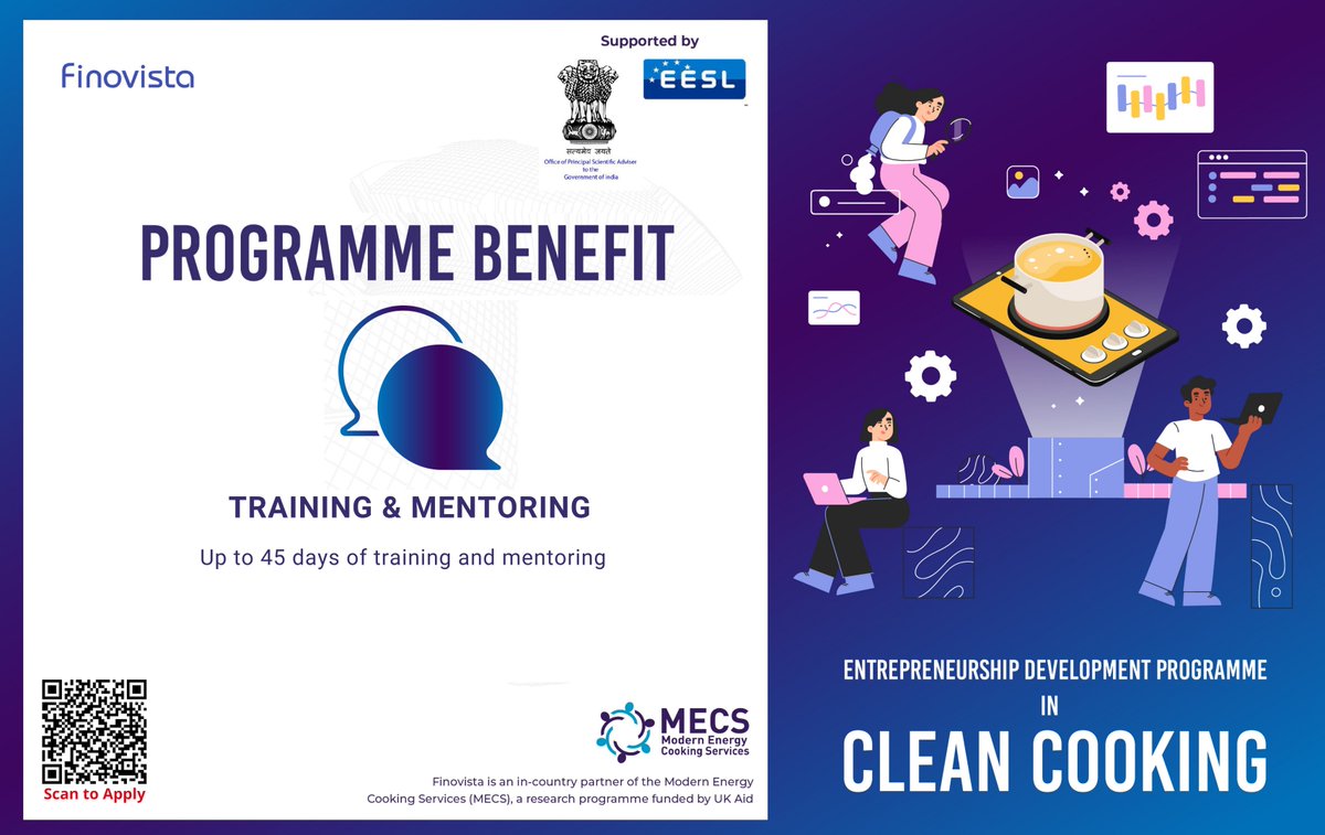 Finovista's tweet photo. #Entrepreneurship_Development_Programme in Clean Cooking is providing up to 45 days of #Training & #Mentoring!
#EDP is funded by @UKMECS & supported by @PrinSciAdvOff & @EESL_India & implemented by
@Finovista.
To apply visit:https://t.co/sb03RKrmNV https://t.co/QuFd9Wh7Qw