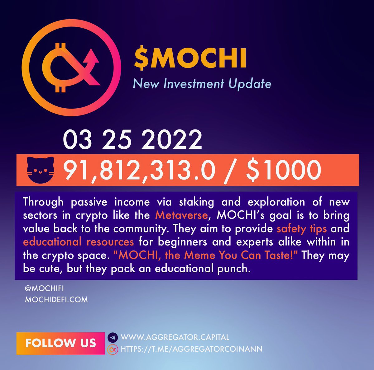 Aggregatorcoin's tweet photo. Investing in something new can be scary. 

We choose to #invest on the edge. 

@mochifi is primed to bring value plus education. 

We are thrilled to present another #investment update &amp; be behind this project. 

#explore #expand #grow #educate #vision #crypto #community https://t.co/88kG2pchTc