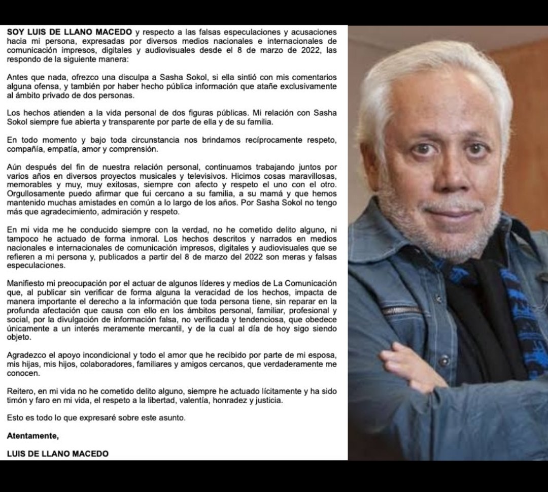 lenguilargoss's tweet photo. Más de 20 días después de la publicación que hizo @SashaSokol sobre #LuisDeLlano, el productor rompió el silencio y envió este comunicado. https://t.co/pIOjHi6bzJ