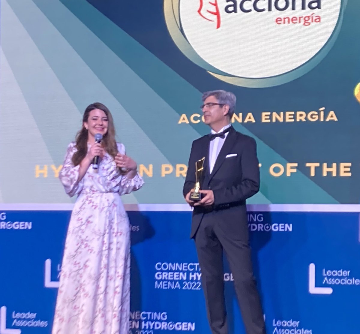 MikelSojo's tweet photo. Power To Green Hydrogen Mallorca awarded as the Hydrogen Project Of the Year 2022!
Thank you @LA_GreenEnergy &amp; #connectinggreenhydrogenMENA22 for the Award. Congratulations to all!! Proud to belong to @AccionaEnergia Innovation Team https://t.co/ydybsQv4Jg