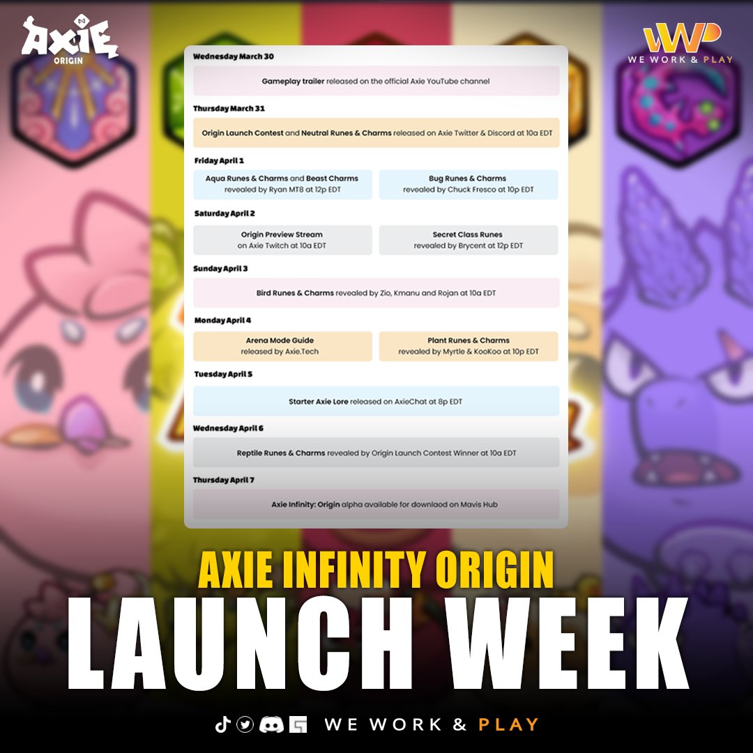 wwp_guild's tweet photo. 🚀 Welcome to Origin Launch Week! We have a full schedule of leeks &amp; events planned over the next seven days, culminating with the launch of Axie Infinity: Origin on April 7th!

Full article 👇 
https://t.co/8hK7JC34ux

#wwpofficial #AxieInfinity
#nfts #NFTGame 
#AxieScholar https://t.co/lMyebhJM2H