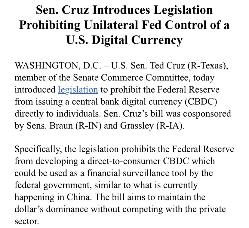 TexasCrypto1's tweet photo. BREAKING: @tedcruz introduced legislation to prohibit the Federal Reserve from issuing a central bank digital currency (CBDC) directly to individuals. https://t.co/HbpaPm0iRH