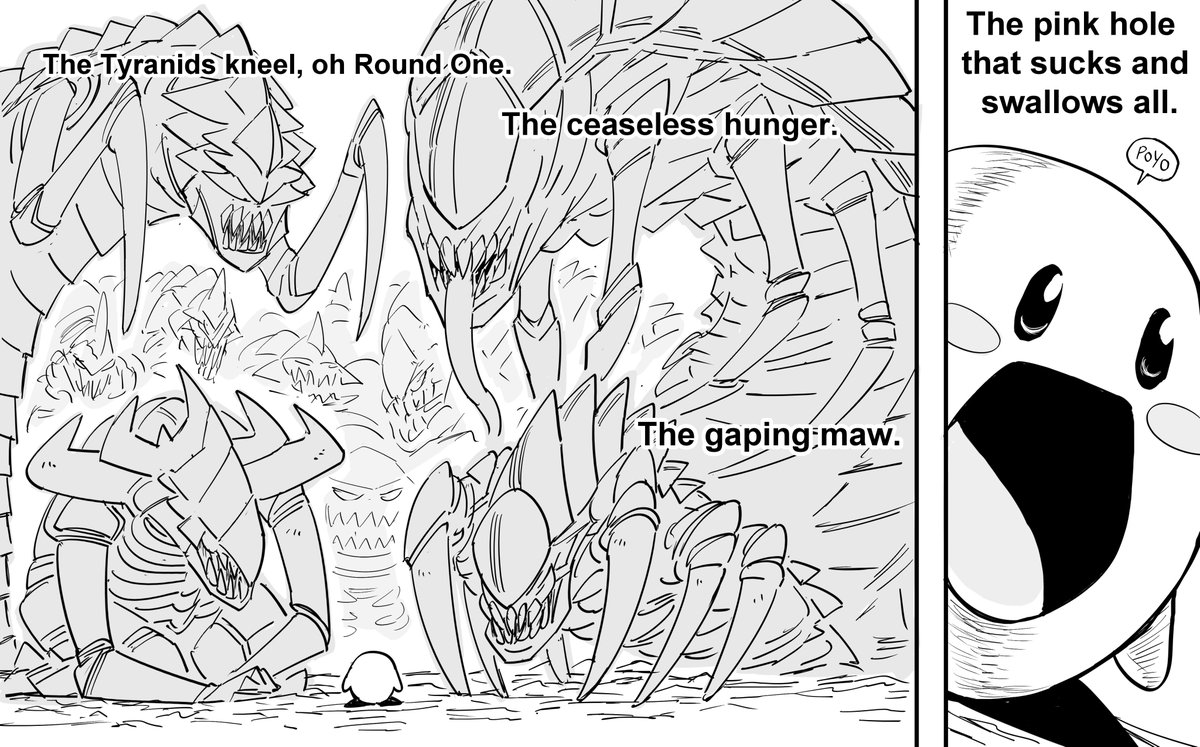 baalbuddy's tweet photo. Patreon request:
Warhammer 40k Tyranids worshipping Kirby as their God. https://t.co/OBVG6TezZT