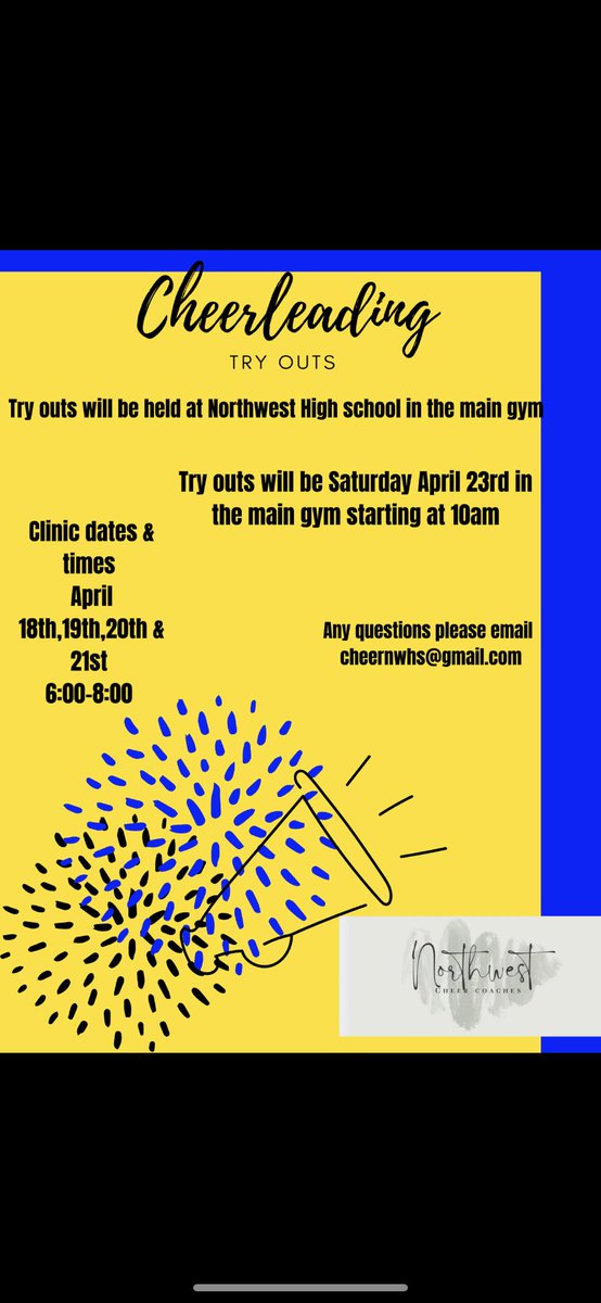 CheerNWHS's tweet photo. Cheer try outs coming soon!! Can’t wait to see everyone 💙💛 please reach out to the email listed on the flyer if you have any questions!!! https://t.co/QMCVHHJ0da