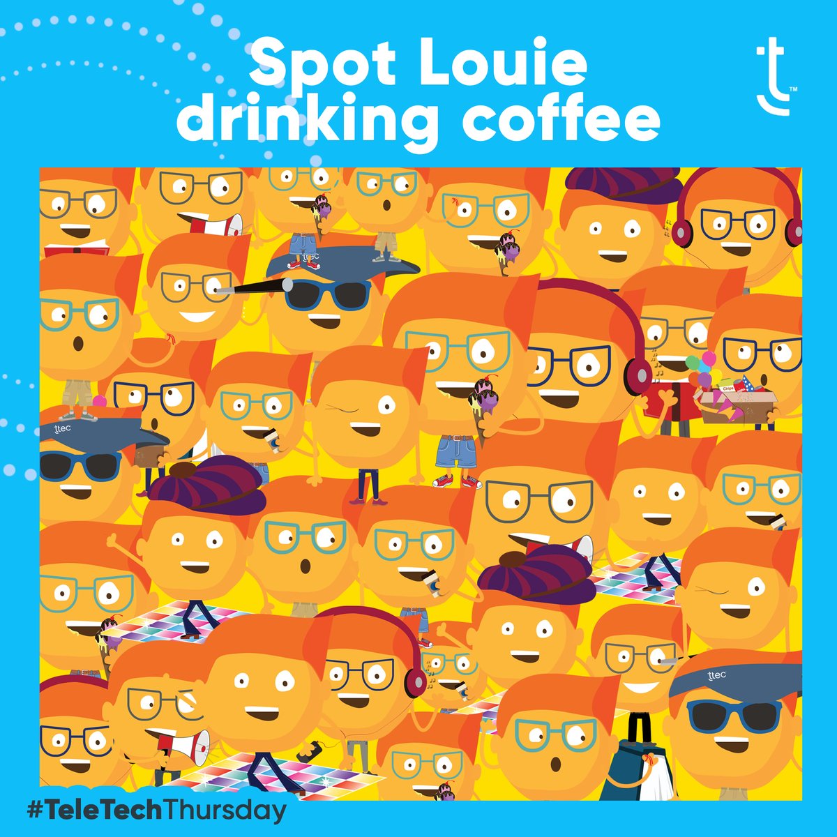 teletechlife's tweet image. Let&apos;s see how sharp your eyes are. Can you find every Louie drinking a cup of coffee? Comment your final answer in the comments!

#ExperienceTeleTech #TeleTechThursday
