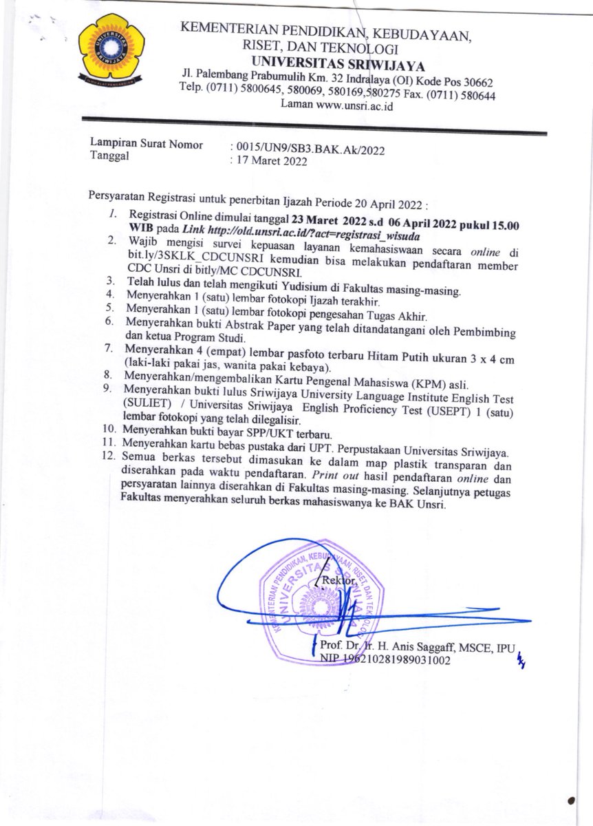 Pengumuman : Penerbitan Ijazah Periode April 2022 #Unsri