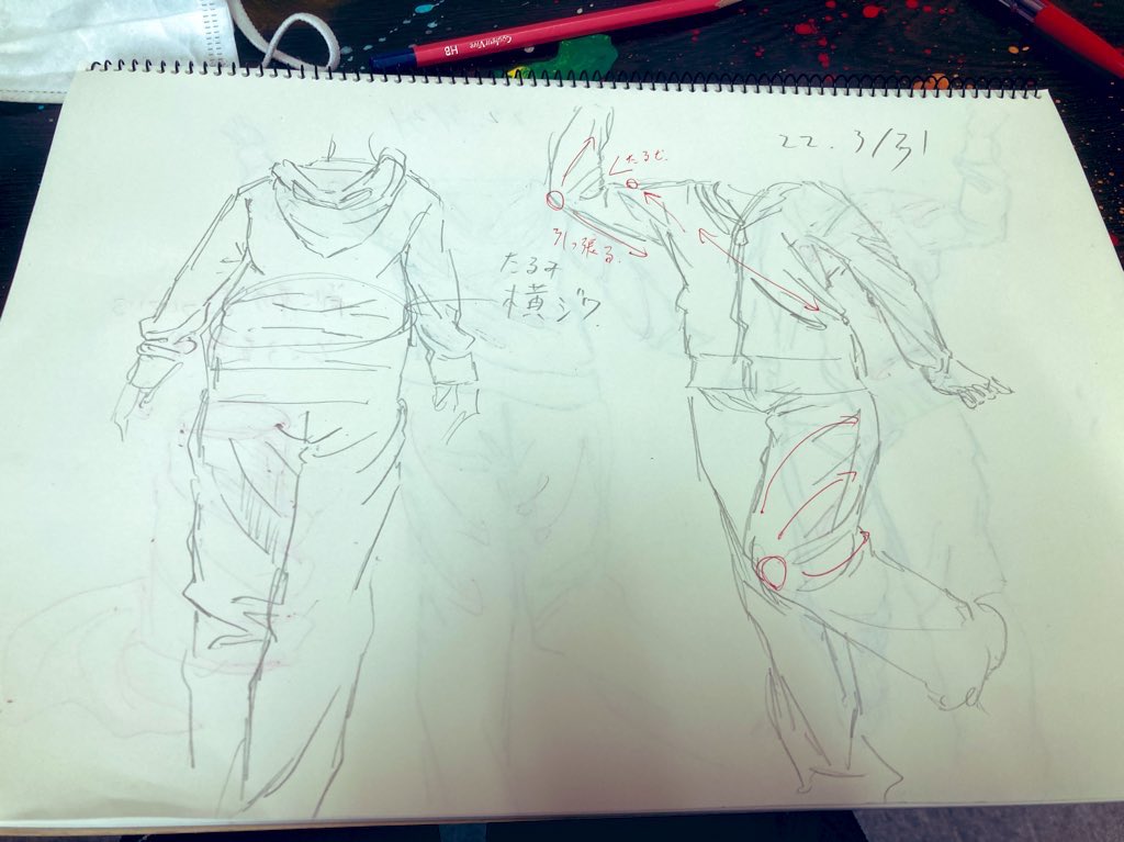 #昼練

22.3/31 

服のシワはある程度法則性を頭に抑えた上で数描いてパターン覚えちゃうのが手っ取り早いのかなと思った 