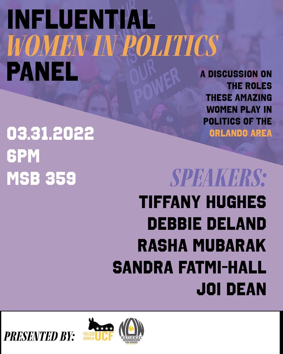 nowatucf's tweet photo. Hey guys! Tomorrow @ 6pm we will be hosting a panel with 5 wonderful women in politics! Come and participate in a discussion about their roles and impact within the political realm, focusing on their involvement and dedication to the Orlando area and across the state of Florida https://t.co/4678kRZapM