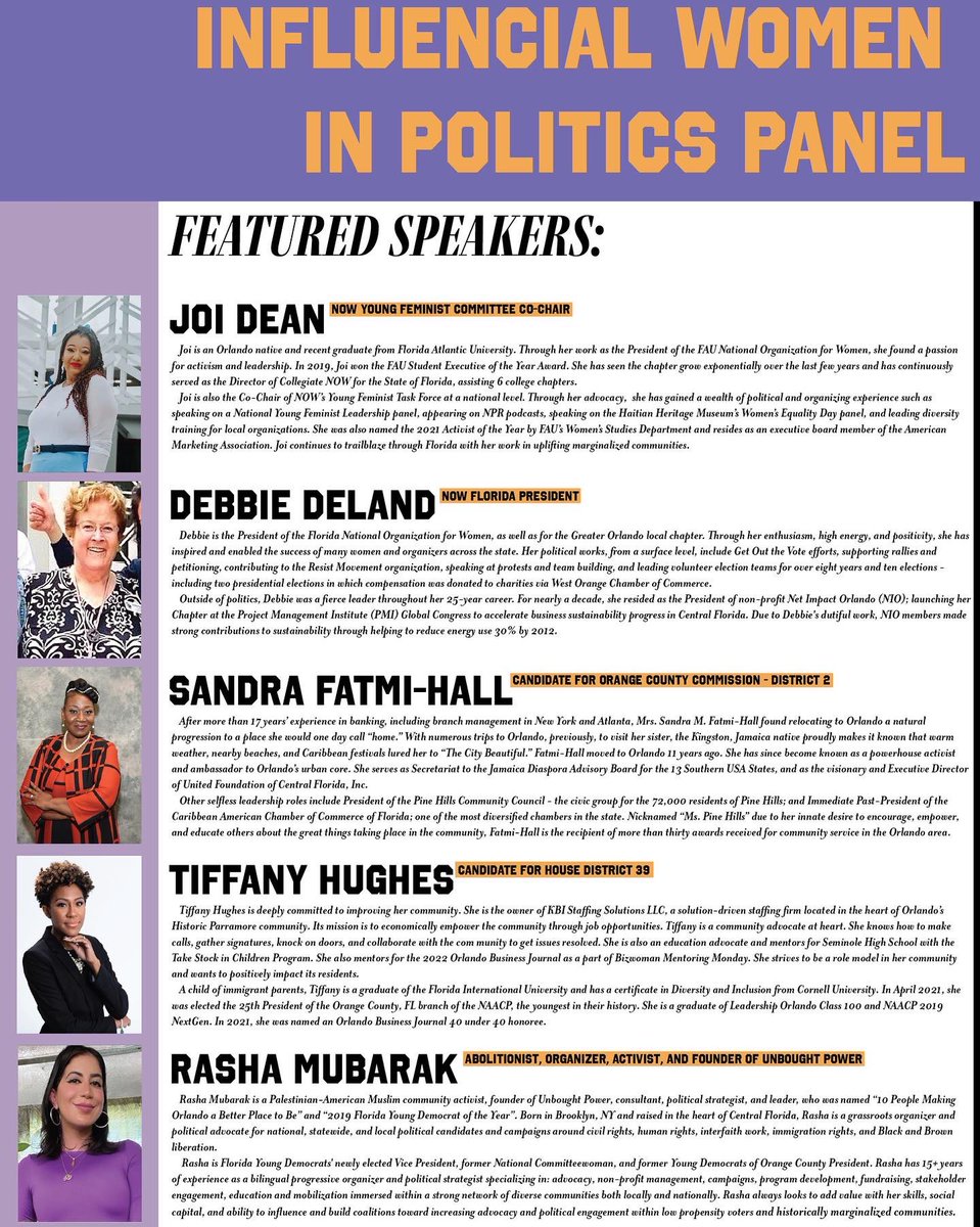 Hey guys! Tomorrow @ 6pm we will be hosting a panel with 5 wonderful women in politics! Come and participate in a discussion about their roles and impact within the political realm, focusing on their involvement and dedication to the Orlando area and across the state of Florida