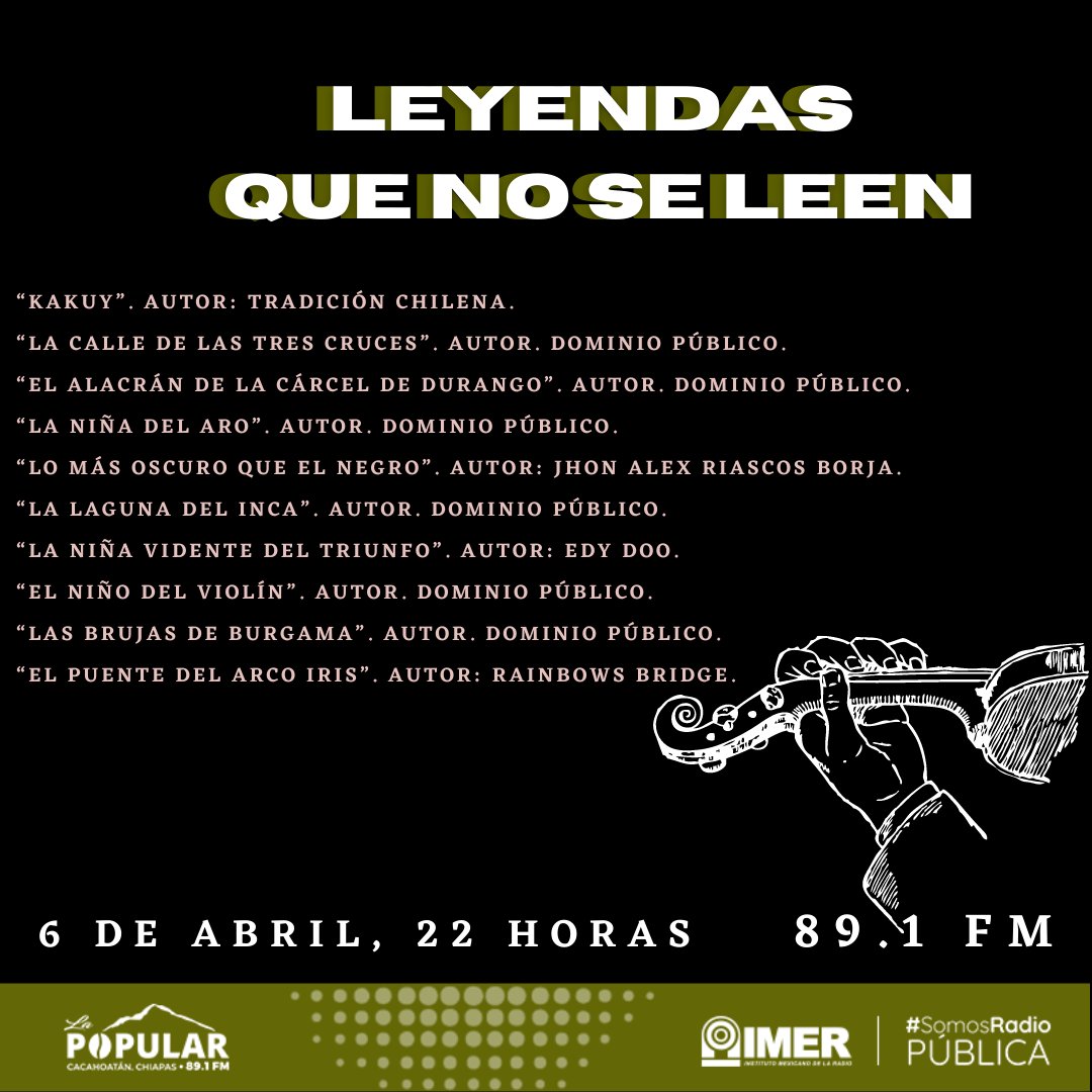 La Popular IMER (@lapopular_imer) on Twitter photo Acompáñanos en la emisión de Leyendas que no se leen con la narración del Prof. Belisario González. Sintoniza a partir de las 22 horas en el 89.1 FM
También puedes escuchar en <a href="/RadioLagarto/">RadioLagarto</a> los viernes 01:00 y los domingos 20:00 horas. #SomosRadioPública Acompáñanos en la emisión de Leyendas que no se leen con la narración del Prof. Belisario González. Sintoniza a partir de las 22 horas en el 89.1 FM
También puedes escuchar en <a href="/RadioLagarto/">RadioLagarto</a> los viernes 01:00 y los domingos 20:00 horas. #SomosRadioPública
