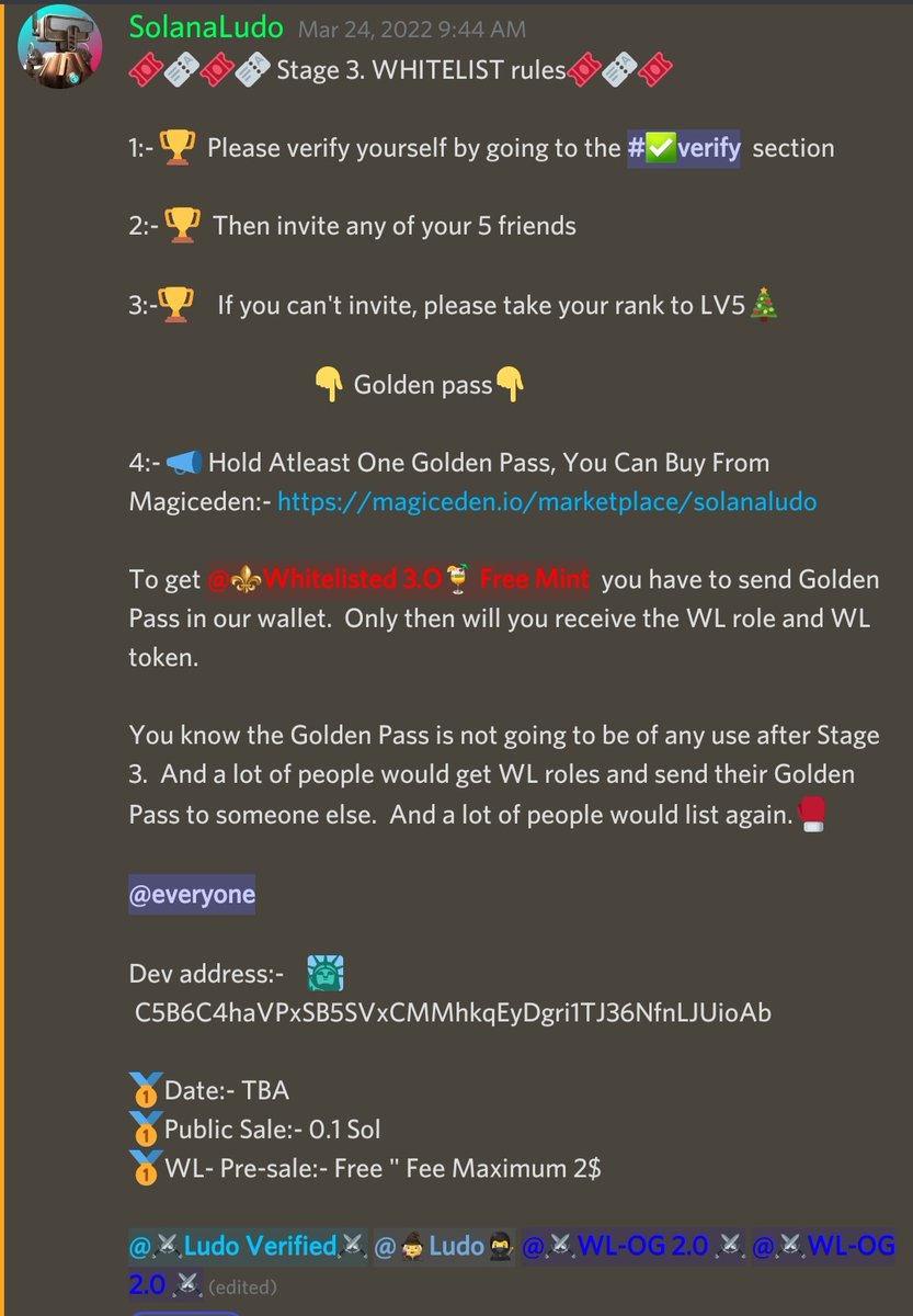 👋Hello Everyone

🥉Stage 3 is coming ⚔️

⭐This time the free mint will be for WL users only🦜

🎳There are some tasks to get whitelist and by completing them you can get WL🎮🎲
#solana #nfts #nft #SolanaNFTs #p2e #ludo #ludogame #ludonft #Airdrops