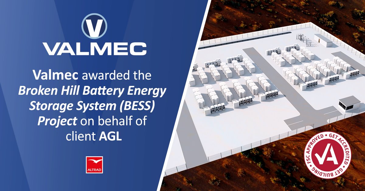 ValmecLimited's tweet photo. Valmec is proud to announce our recent award for the Broken Hill Battery Energy Storage System (BESS) Project on behalf of our valued client AGL Australia.
🔗 Read more: https://t.co/lfQ7b6BDbD
#Valmec #Altrad #AltradAPAC #AGL #Arena #Energy #Renewables #RenewableEnergy https://t.co/AaokMZV0Zl